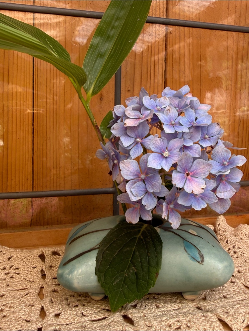 Vintage Studio Pottery Pillow Ikebana Vase Flower Frog Stamped MK Blue Teal